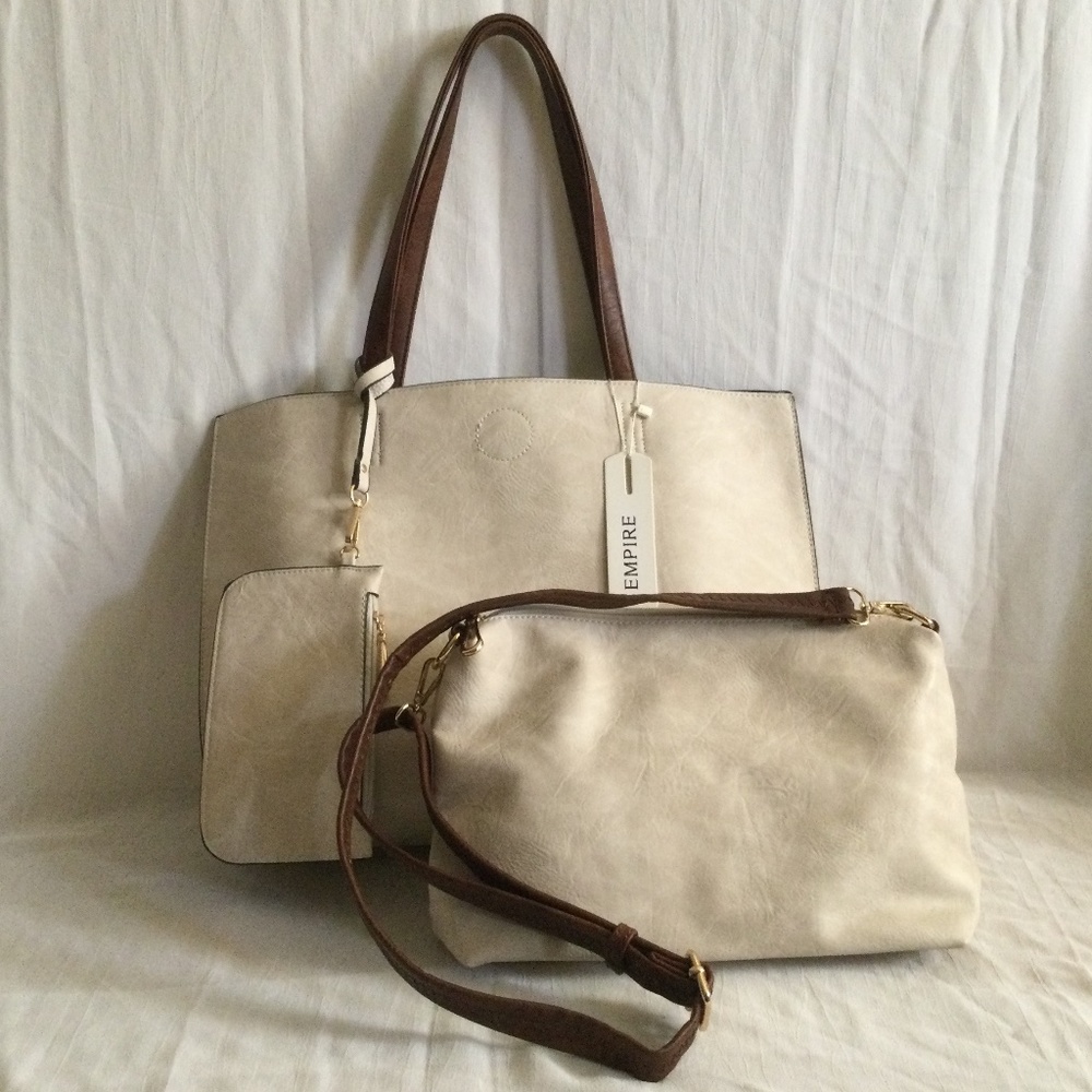 Vegan Tote, Wristlet, Satchel/Crossbody Ivory Bone Set Empire EM Handbag Co.